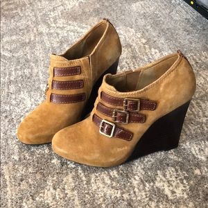 Tory Burch wedge booties with gold buckles